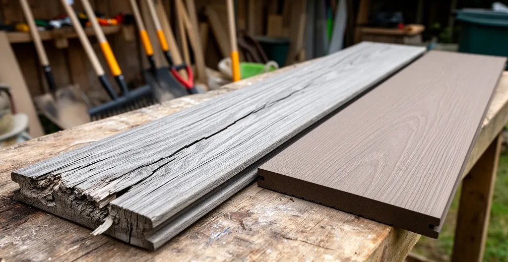 Deux lames de terrasse côte à côte : bois grisaillé à gauche, composite aspect bois à droite
