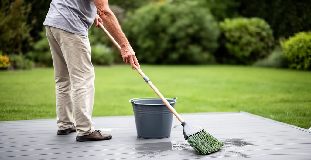 Personne nettoyant une terrasse composite au balai-brosse dans un jardin