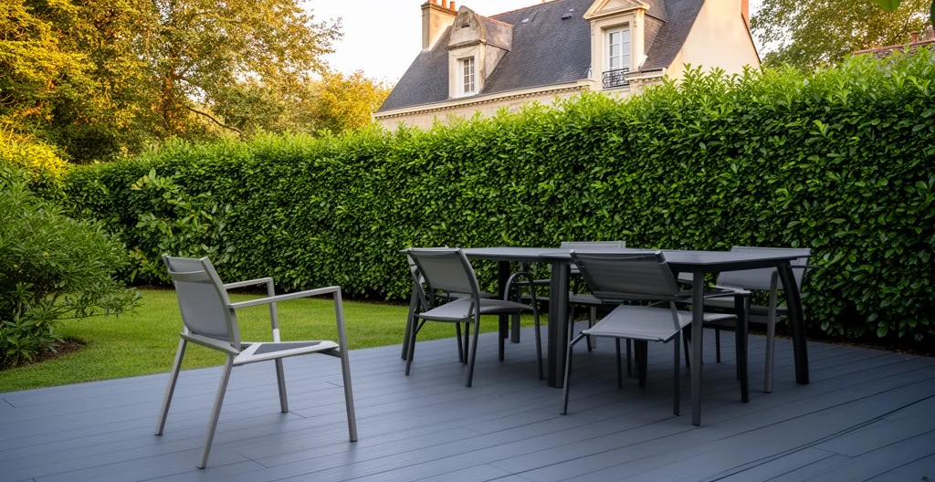 Terrasse composite gris anthracite avec mobilier de jardin dans un jardin verdoyant